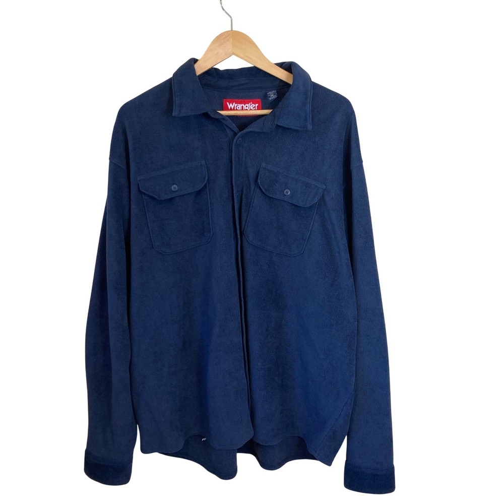 Wrangler Mens 2XL XXL Navy Blue Fleece Button Down Shirt Jacket Shacket Cozy